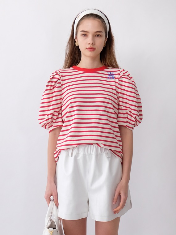 NEW MIA STRIPE PUFF SLEEVES TOP_RED